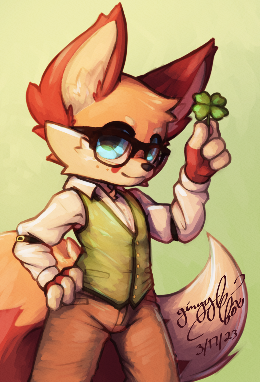 anthro blue_eyes bottomwear canid canine clothed clothing clover dress_shirt eyewear fox freckles gingy_(gingy_k_fox) gingy_k_fox glasses hi_res male mammal pants shamrock shirt solo topwear vest