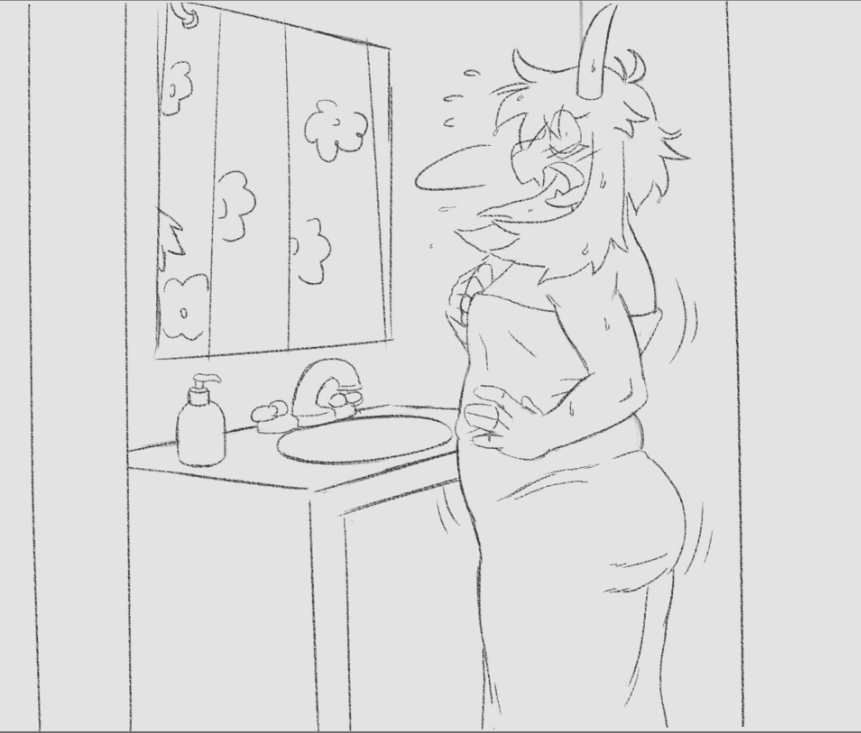 2_horns alnoodle anthro bathroom blush bodily_fluids bovid caprine caught clothed clothing crossdressing deltarune dress floppy_ears goat horn male mammal mirror open_mouth overweight overweight_anthro overweight_male pink_eyes ralsei sink sketch snout solo sweat undertale_(series)