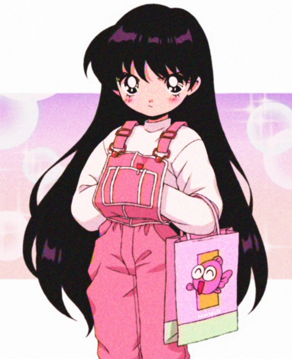 1990s_(style) 1girl bag bishoujo_senshi_sailor_moon black_eyes black_hair blush commentary highres hino_rei long_hair overalls pikiru pink_overalls retro_artstyle shopping_bag solo sweater turtleneck turtleneck_sweater very_long_hair white_sweater