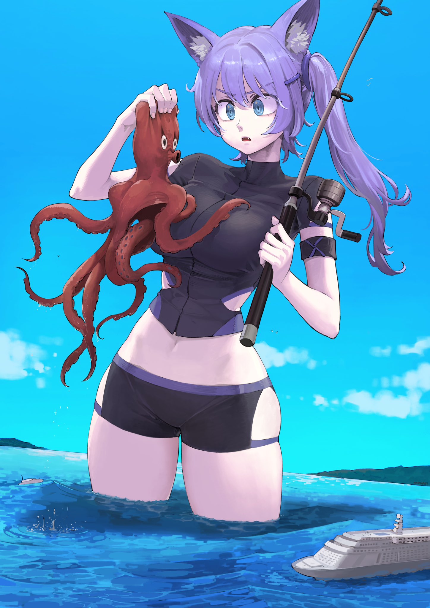 1girl animal animal_ear_fluff animal_ears blue_eyes breasts cruise_ship day fang fishing_rod fox_ears fox_girl frown giant giantess highres holding holding_animal holding_fishing_rod jun_(navigavi) large_breasts long_hair mountainous_horizon navel octopus open_mouth original outdoors partially_submerged purple_hair short_sleeves shorts side_ponytail