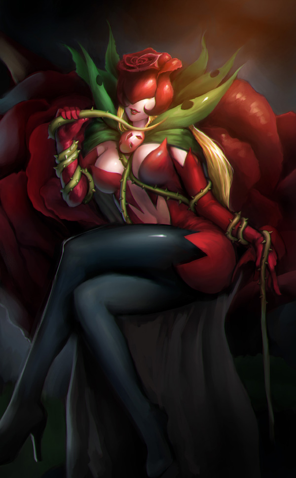 1girl black_footwear blonde_hair bodysuit boots breasts cape cleavage clothing_cutout covered_eyes crossed_legs digimon digimon_(creature) elbow_gloves flower gloves high_heel_boots high_heels indoors large_breasts lipstick long_hair makeup mask navel navel_cutout petals phamoz red_bodysuit red_gloves rosemon sitting solo thigh_boots thighhighs