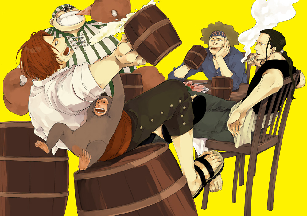 4boys animal bad_id bad_pixiv_id bandana benn_beckman black_eyes black_hair black_shirt boned_meat brown_hair character_name cigarette clenched_teeth facial_hair food full_body goggles headband holding holding_cigarette holding_food ishikoronbo long_hair low_ponytail lucky_roux male_focus meat monkey monster_(one_piece) multiple_boys one_piece open_mouth ponytail red_hair sandals shanks_(one_piece) shirt short_hair short_sleeves simple_background sitting smile smoke striped striped_shirt teeth vertical-striped_shirt vertical_stripes yasopp yellow_background
