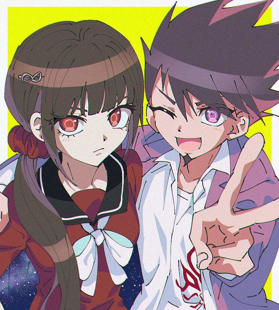 1boy 1girl :d ;d black_hair black_sailor_collar blush bow bowtie brown_hair danganronpa_(series) danganronpa_v3:_killing_harmony facial_hair goatee hair_ornament hair_scrunchie hairclip harukawa_maki jacket long_hair looking_at_viewer mole mole_under_eye momota_kaito one_eye_closed open_clothes open_shirt pink_eyes pink_hair pink_jacket print_shirt red_eyes red_scrunchie red_shirt sailor_collar scrunchie shirt smile spiked_hair v white_bow white_bowtie white_shirt z12341231556