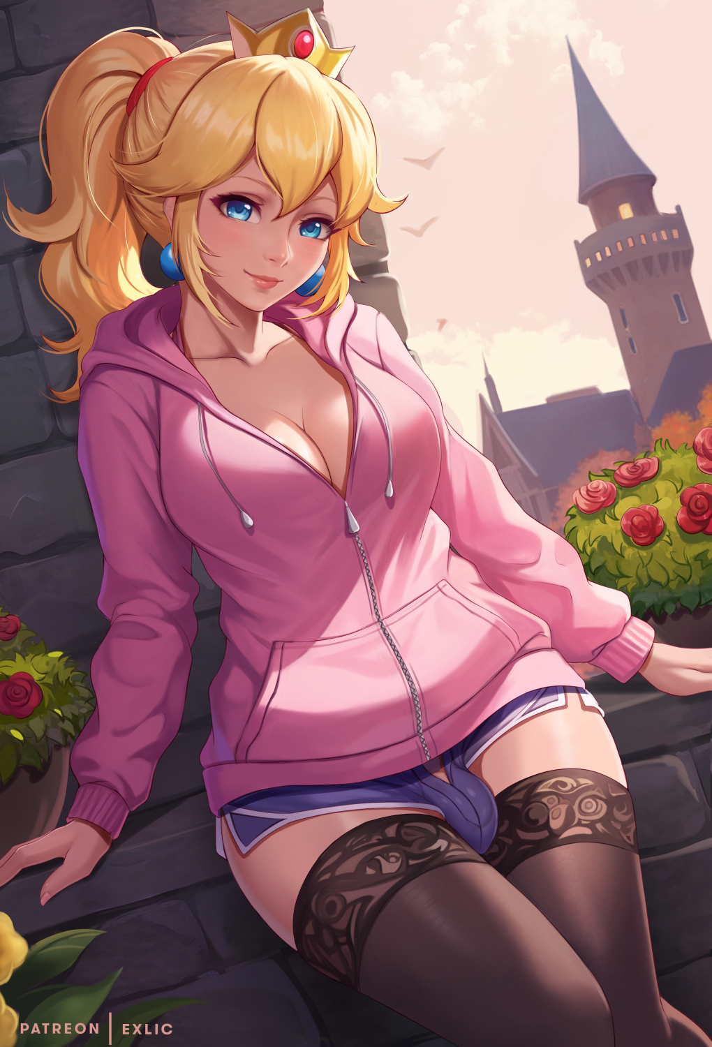 1girl alternate_costume bird black_thighhighs blonde_hair blue_eyes blue_shorts breasts bulge bush castle casual cleavage closed_mouth cloud commentary crown drawstring earrings english_commentary european_architecture exlic flower futanari highres hood hood_down hoodie implied_futanari jewelry large_breasts lips mario_(series) outdoors pink_hoodie ponytail princess_peach red_flower red_rose rose short_shorts shorts sitting sky solo thighhighs thighs zipper
