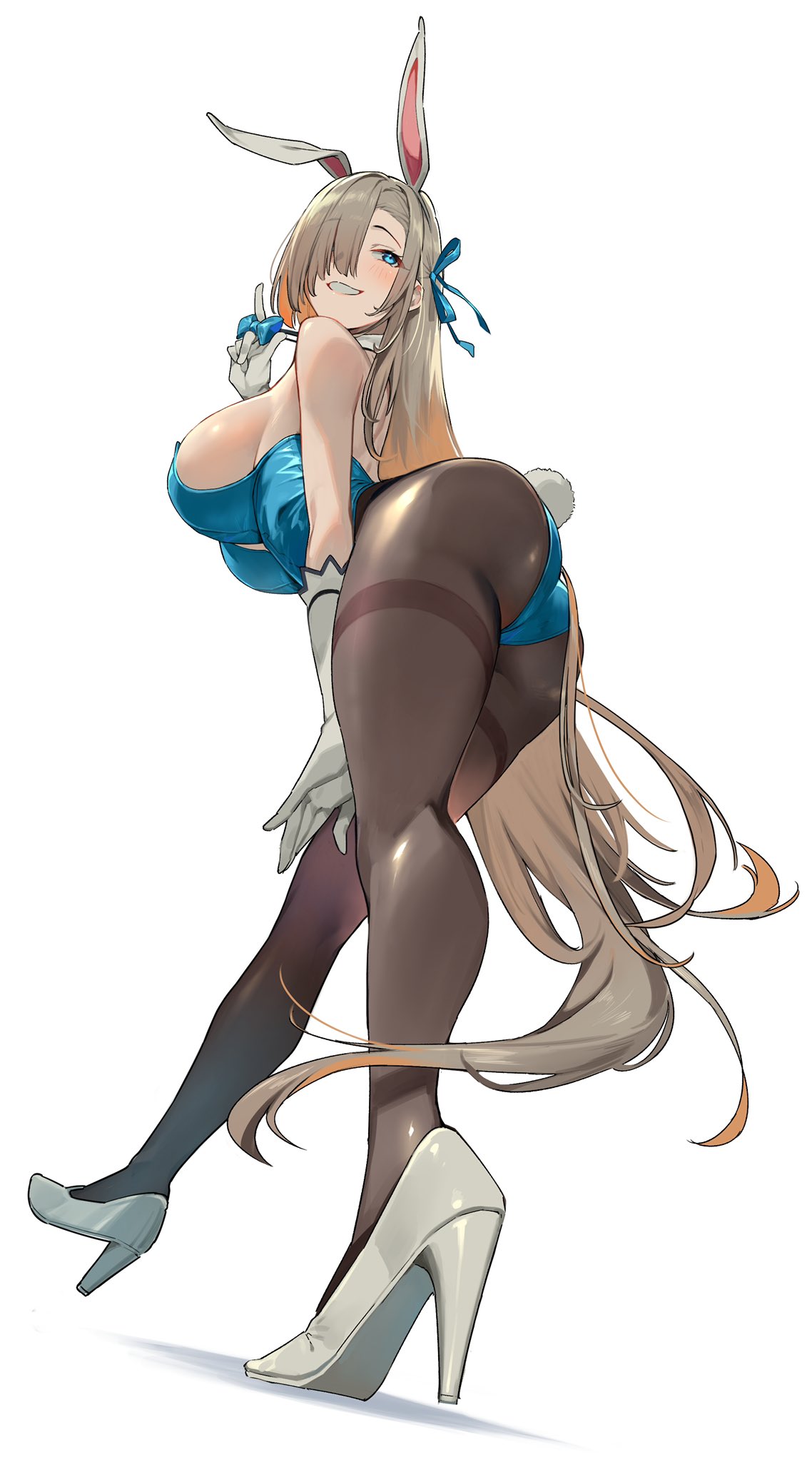1girl animal_ears ass asuna_(blue_archive) asuna_(bunny)_(blue_archive) bare_shoulders blue_archive blue_bow blue_bowtie blue_eyes blue_leotard blush bow bowtie breasts detached_collar fake_animal_ears from_behind from_below gloves hair_over_one_eye high_heels highleg highleg_leotard highres large_breasts leaning_forward leotard light_brown_hair long_hair looking_back nonco official_alternate_costume open_mouth pantyhose playboy_bunny rabbit_ears simple_background smile solo standing strapless strapless_leotard teeth thighband_pantyhose traditional_bowtie white_footwear white_gloves