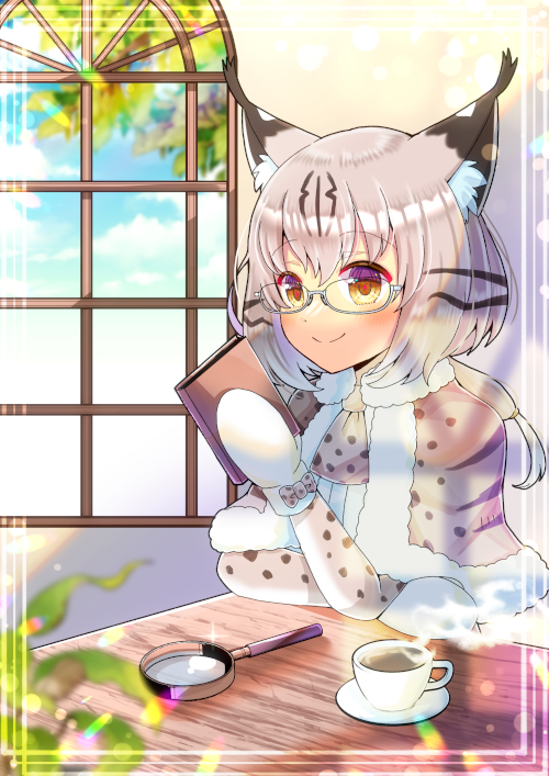 1girl animal_ear_fluff black_hair book brown_capelet brown_eyes brown_hair capelet closed_mouth commentary_request commission cup eurasian_lynx_(kemono_friends) fur-trimmed_capelet fur_trim holding holding_book indoors kemono_friends kou_hiyoyo lynx_ears magnifying_glass mittens multicolored_hair saucer shirt skeb_commission smile solo streaked_hair table upper_body white_mittens white_shirt window