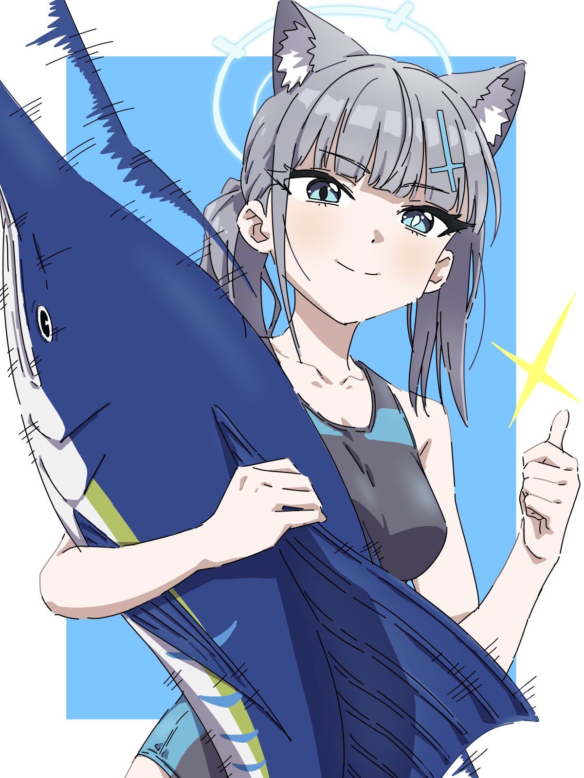 1girl animal animal_ear_fluff animal_ears blue_archive blue_eyes brilliantko closed_mouth collarbone extra_ears fish flailing halo highres holding holding_animal looking_at_viewer motion_lines official_alternate_costume one-piece_swimsuit shiroko_(blue_archive) shiroko_(swimsuit)_(blue_archive) simple_background smile solo sparkle swimsuit swordfish thumbs_up wolf_ears wolf_girl