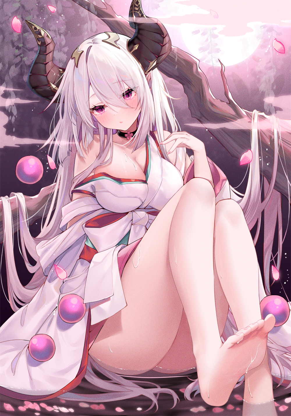 1girl barefoot black_horns breasts cleavage duel_monster hair_between_eyes hecha_(01964237) highres horns japanese_clothes kimono large_breasts legs long_hair looking_at_viewer off_shoulder partially_submerged petals purple_eyes red_blossoms_from_underroot sitting soles solo thighs toenails toes very_long_hair water wet white_hair white_kimono yu-gi-oh!