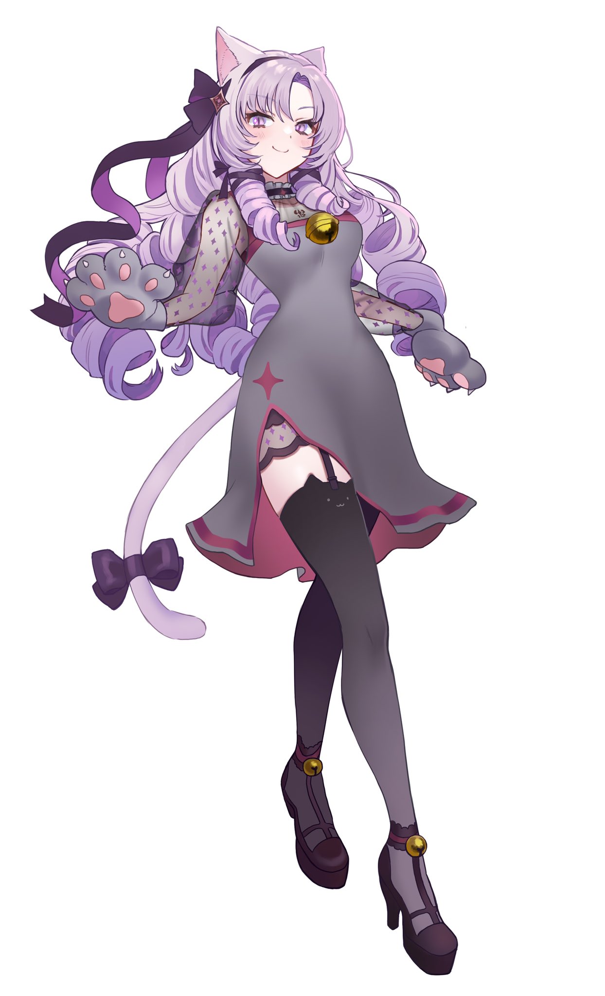 1girl alternate_costume animal_ear_fluff animal_ears bell black_thighhighs blush breasts cat_ears cat_paw chest_tattoo closed_mouth commentary_request dress drill_hair encha garter_straps grey_dress hair_ribbon hairband high_heels highres hyakumantenbara_salome jingle_bell light_purple_hair long_hair looking_at_viewer medium_breasts nijisanji parted_bangs purple_eyes purple_hairband purple_ribbon ribbon ringlets scorpion_tattoo see-through see-through_cleavage see-through_sleeves side_slit simple_background slit_pupils smile solo tattoo thighhighs virtual_youtuber white_background