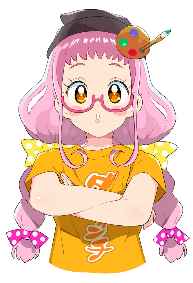 1girl beanie black_headwear blush bow braid clothes_writing cropped_torso crossed_arms hair_bow hat kiki_ajimi long_hair looking_at_viewer low_twin_braids moudoku_(decopon3rd) open_mouth orange_shirt paintbrush palette_hair_ornament pink-framed_eyewear pink_bow pink_hair polka_dot polka_dot_bow pretty_(series) pripara semi-rimless_eyewear shirt short_sleeves sidelocks simple_background solo straight-on t-shirt twin_braids upper_body white_background yellow_bow