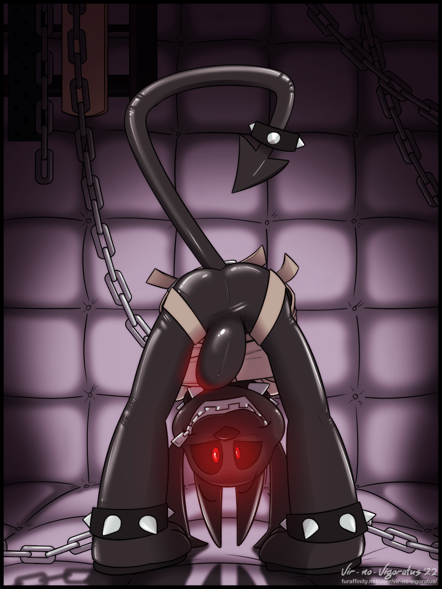 2022 3:4 anklet anthro bdsm black_sclera bondage bound bracelet bulge butt chain chain_collar chain_leash chained collar digital_drawing_(artwork) digital_media_(artwork) gimp gimpy_(vir-no-vigoratus) glowing glowing_eyes hi_res imp jewelry latex leash legband long_ears male null_bulge padded_room padded_walls paddle presenting presenting_hindquarters red_eyes restraints solo spade_tail spiked_anklet spiked_bracelet spiked_collar spiked_legband spikes straitjacket tail vir-no-vigoratus zipper zipper_mouth