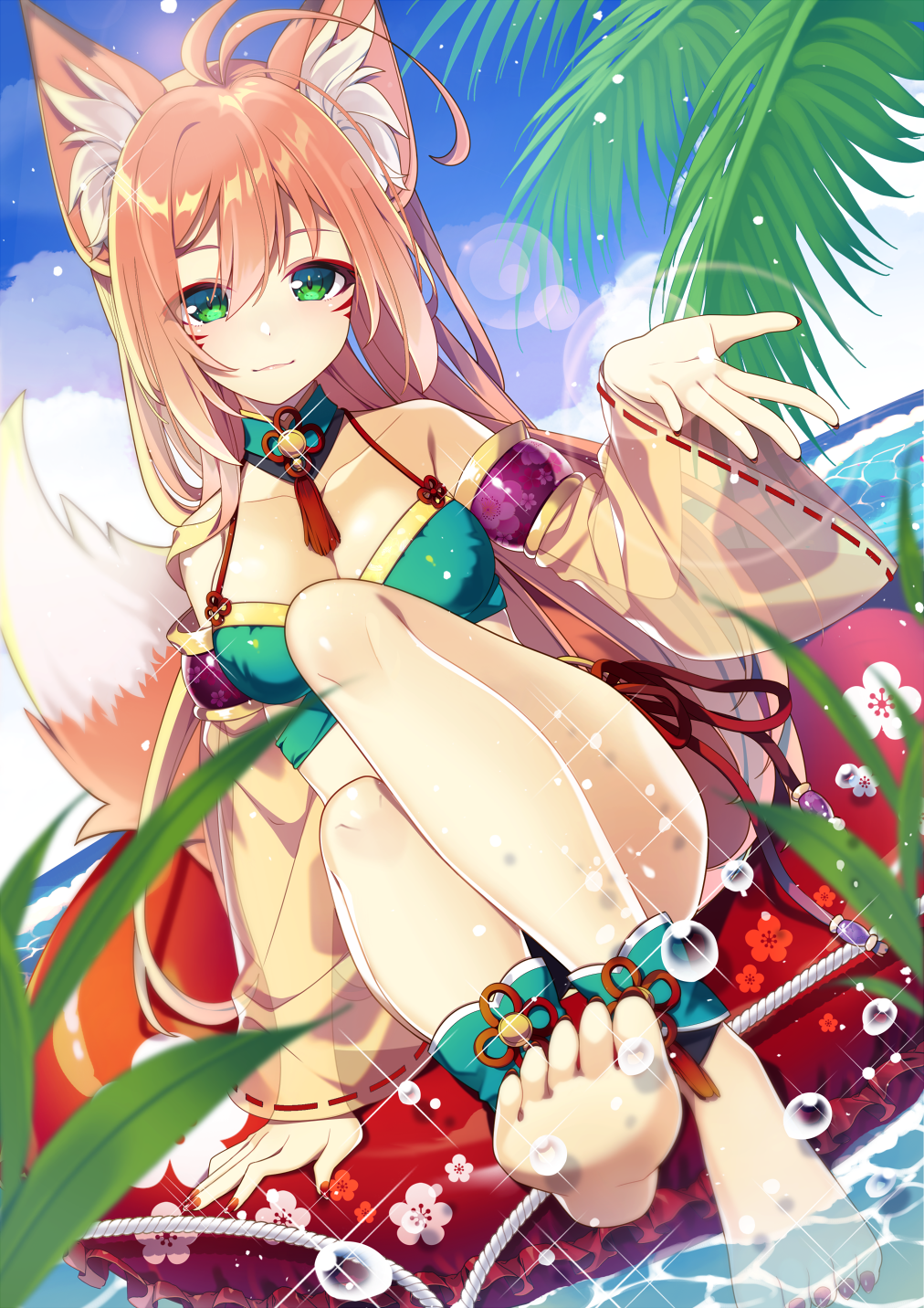 1girl animal_ear_fluff animal_ears ankle_cuffs antenna_hair arm_at_side arm_support armlet azma_(mitch55) bare_legs barefoot beach bikini blurry blurry_foreground breasts cleavage closed_mouth cloud collarbone commentary_request day detached_sleeves dutch_angle facial_mark feet fox_ears fox_girl fox_tail green_bikini green_eyes hair_between_eyes hand_up head_tilt highres innertube leaf legs lens_flare light_smile long_hair looking_at_viewer medium_breasts nail_polish ocean open_hand orange_hair original outdoors red_innertube red_nails ribbon-trimmed_sleeves ribbon_trim see-through sitting sky smile soaking_feet soles solo sparkle swimsuit tail toenail_polish toenails toes water water_drop whisker_markings yellow_sleeves
