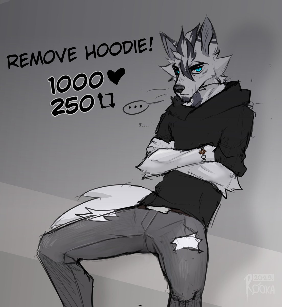 anthro belt blue_eyes bottomwear canid canine canis clothed clothing crossed_arms fur grey_background grey_markings hi_res hole_in_pants hoodie male mammal markings pants rooka simple_background sitting solo speech_bubble spread_legs spreading topwear watermark white_body white_fur wolf