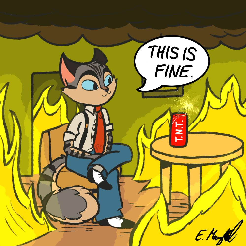 1:1 anthro cat_tail chair clothed clothing detailed_background domestic_cat e.mangold english_text explosives felid feline felis fire furniture humor inside lackadaisy male mammal meme on_chair rocky_rickaby signature sitting solo speech_bubble table text this_is_fine tnt webcomic