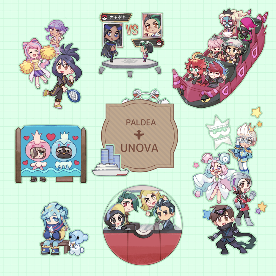 &gt;_&lt; 6+boys 6+girls alternate_costume arven_(pokemon) atticus_(pokemon) bench blonde_hair boat brown_eyes brown_hair character_print chibi clavell_(pokemon) coat commentary_request cosplay cubchoo dendra_(pokemon) eri_(pokemon) ferris_wheel floating_hair florian_(pokemon) frillish frillish_(female) frillish_(male) geeta_(pokemon) giacomo_(pokemon) glasses green_background grid_background grusha_(pokemon) hassel_(pokemon) holding holding_pom_poms holding_tennis_racket huan_li iono_(pokemon) juliana_(pokemon) larry_(pokemon) mabosstiff mela_(pokemon) miriam_(pokemon) multiple_boys multiple_girls nate_(pokemon) nate_(pokemon)_(cosplay) nemona_(pokemon) ortega_(pokemon) penny_(pokemon) photo_stand-in pink_hair poke_ball_print pokemon pokemon_(creature) pokemon_(game) pokemon_sv pokemon_world_tournament pokestar_studios pom_pom_(cheerleading) poppy_(pokemon) racket rika_(pokemon) roller_coaster scared sitting standing star_(symbol) tennis_racket tulip_(pokemon) watercraft white_coat