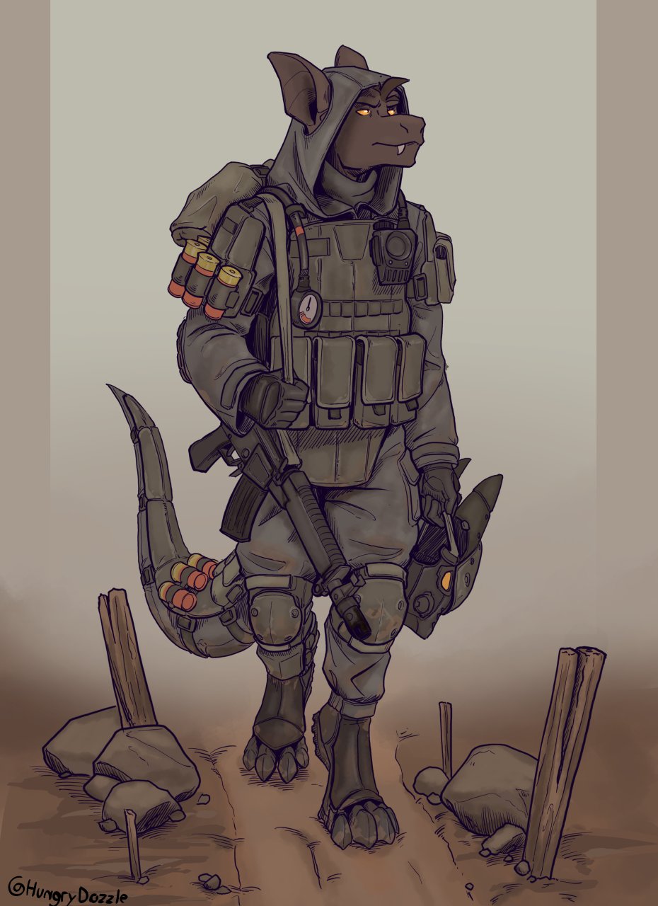 2023 anthro armor assault_rifle backpack clothed clothing digitigrade_footwear dragon fatigues footwear gloves glowing glowing_eyes gun handwear headgear helmet hi_res hood_up hungrydazzle male post-apocalyptic ranged_weapon rifle shell_(projectile) shotgun_shell simple_background solo standing toeless_footwear weapon