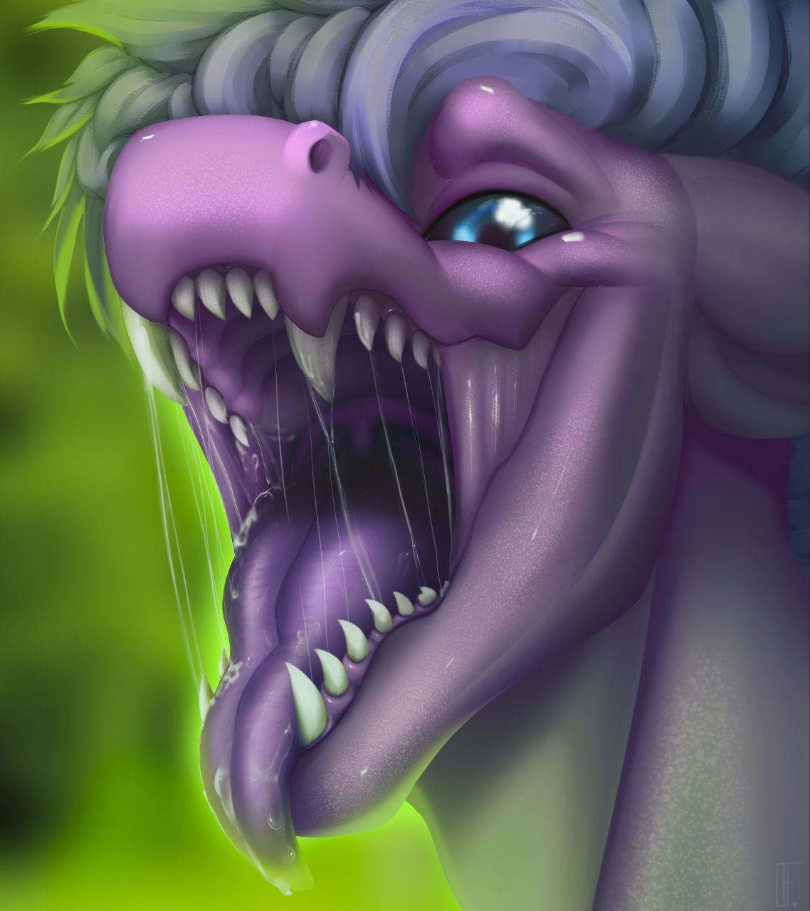 anthro blue_eyes bodily_fluids dragon drooling hair hi_res male mouth_shot olexafox open_mouth purple_body purple_hair saliva sharp_teeth solo teeth tongue vore zoham