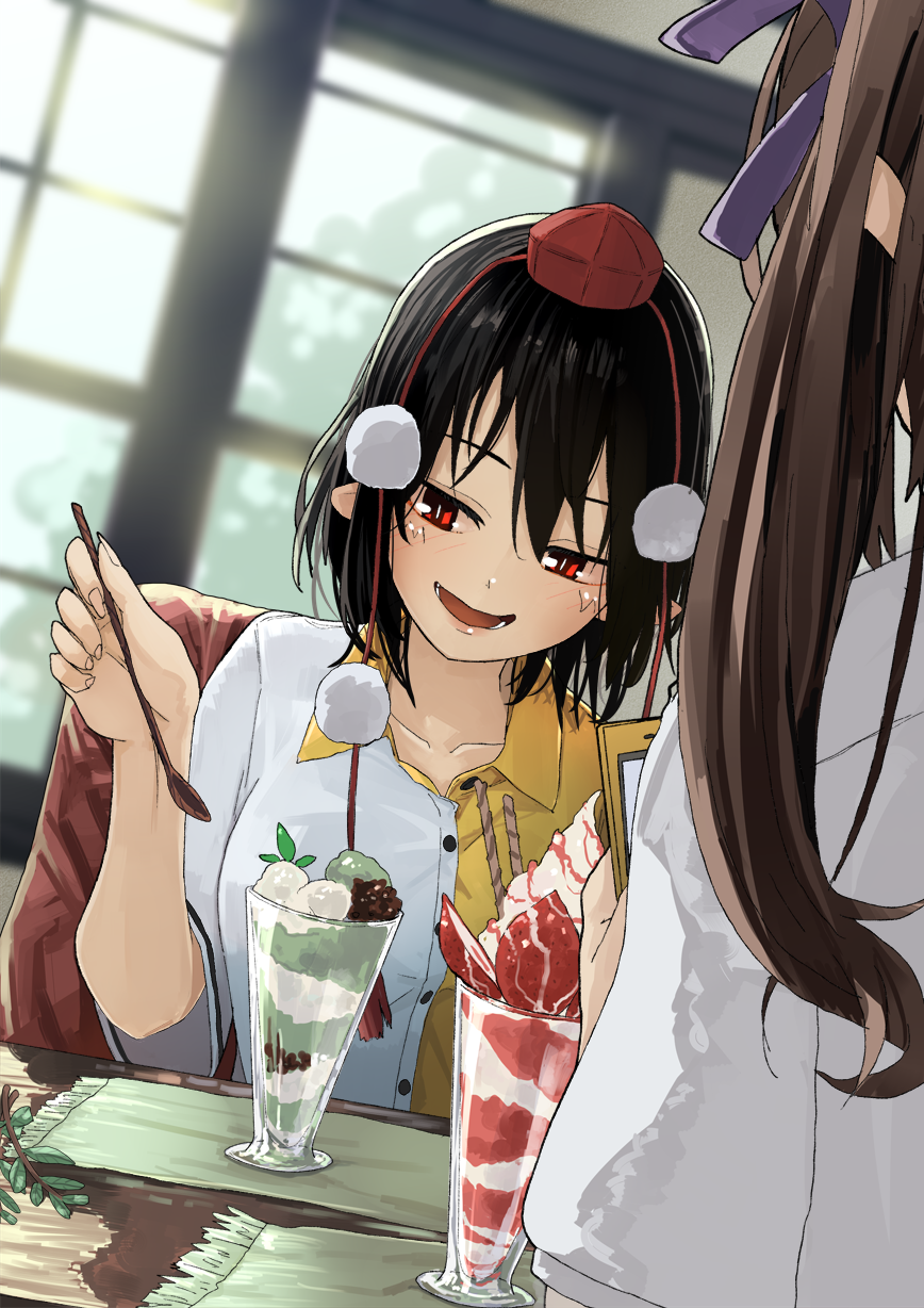 2girls blush breasts dutch_angle futatsuki_eru hat highres himekaidou_hatate indoors medium_breasts multiple_girls parfait pointy_ears pom_pom_(clothes) red_eyes shameimaru_aya shirt sitting smile solo_focus tokin_hat touhou upper_body white_shirt