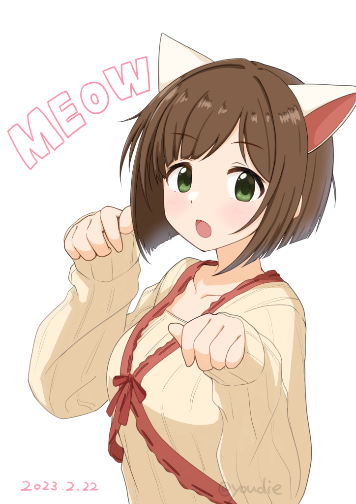 1girl animal_ears blush breasts brown_hair cat_ears collarbone dated dot_nose fake_animal_ears green_eyes hands_up idolmaster idolmaster_cinderella_girls idolmaster_cinderella_girls_starlight_stage large_breasts long_sleeves looking_at_viewer maekawa_miku open_mouth paw_pose red_ribbon ribbon ribbon-trimmed_shirt shirt short_hair simple_background sleeves_past_wrists solo striped striped_shirt twitter_username white_background yellow_shirt youdie