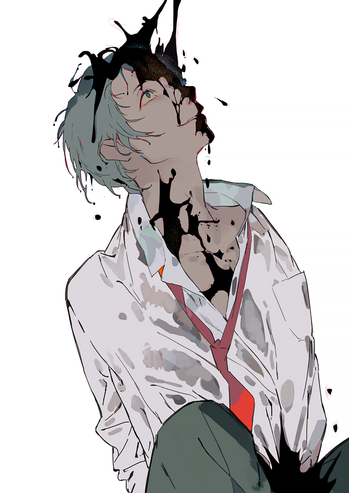 1boy adachi_tooru blood blood_on_clothes blood_on_face blood_splatter blue_eyes collared_shirt commentary_request grey_hair grey_pants kaninn long_sleeves looking_up male_focus necktie open_mouth pants partially_unbuttoned persona persona_4 red_necktie see-through see-through_shirt shirt short_hair simple_background sitting smile solo undone_necktie wet wet_clothes white_background white_shirt