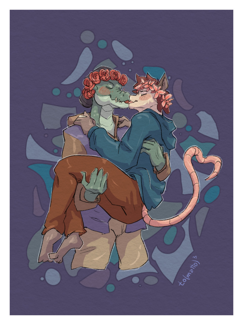 5_fingers alligator alligatorid anthro blush blush_lines bottomwear carrying carrying_another carrying_partner clothed clothing crocodilian didelphid duo eyes_closed fingers flower flower_crown hands_on_shoulders hi_res hoodie kiss_on_lips kissing male male/male mammal marsupial pants pitch_black_(character) plant reptile scalie simple_background to(matto)3 topwear wade_shoe