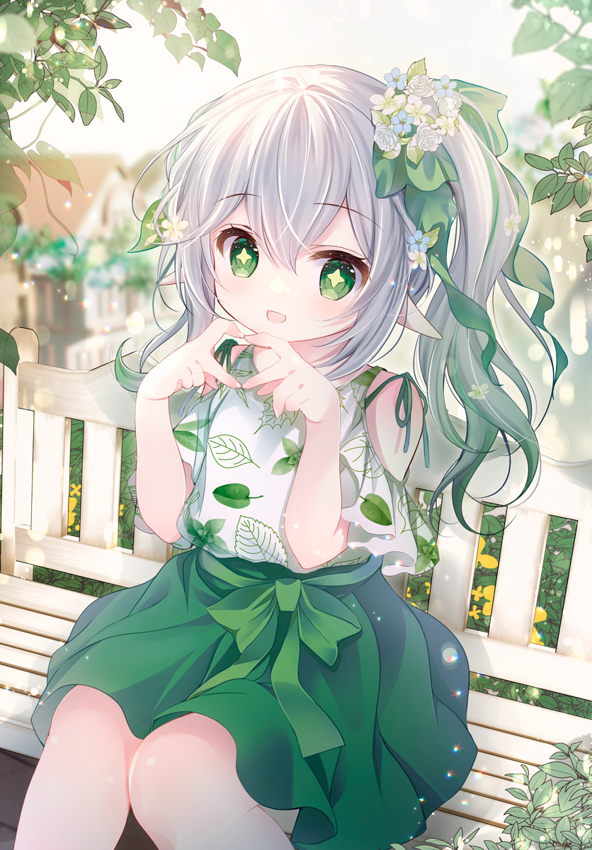 1girl alternate_costume bangs blush braid clothing_cutout cross-shaped_pupils female_child genshin_impact gradient_hair green_eyes green_hair green_ribbon green_skirt hair_ornament heart heart_hands highres leaf_hair_ornament leaf_print long_hair multicolored_hair nahida_(genshin_impact) open_mouth outdoors pointy_ears ribbon shirogane_hina shirt shoulder_cutout side_braid side_ponytail sitting_on_bench skirt smile solo symbol-shaped_pupils white_hair white_shirt