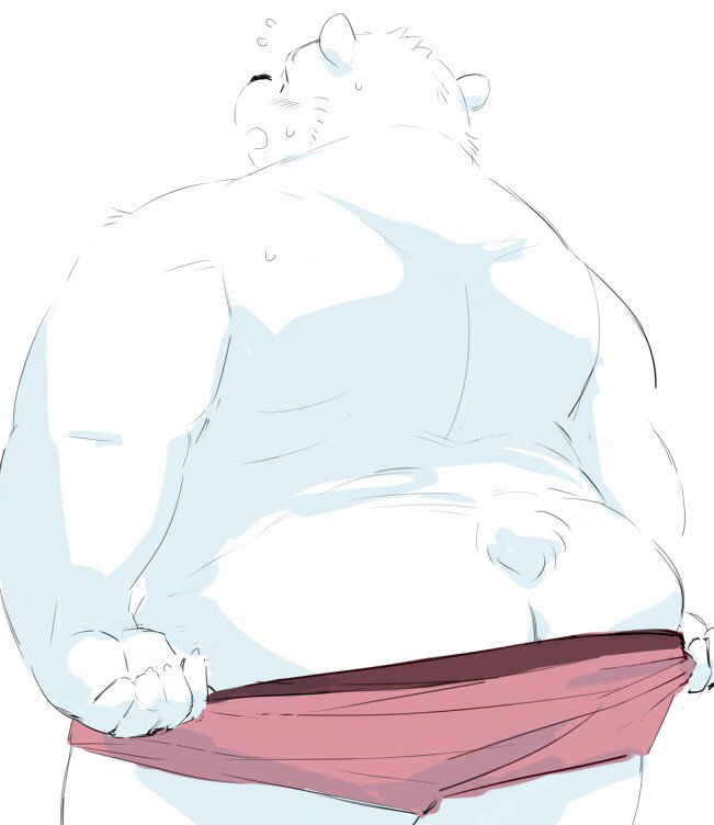 2023 anthro bear black_nose blush bodily_fluids butt clothing humanoid_hands kemono male mammal overweight overweight_male polar_bear sessa simple_background solo sweat underwear undressing ursine white_background white_body