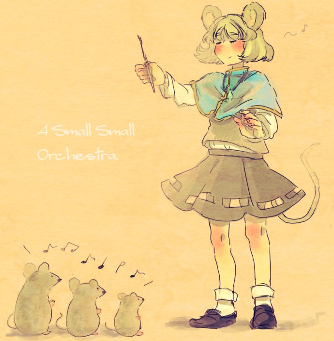 1girl animal_ears baton_(conducting) beamed_eighth_notes blue_capelet blush brown_footwear capelet closed_eyes closed_mouth eighth_note full_body grey_hair grey_skirt grey_vest half_note ishidamagu light_smile long_sleeves mouse mouse_ears mouse_girl mouse_tail musical_note nazrin pun quarter_note shirt short_hair simple_background skirt skirt_set socks solo standing tail touhou vest white_shirt white_socks yellow_background