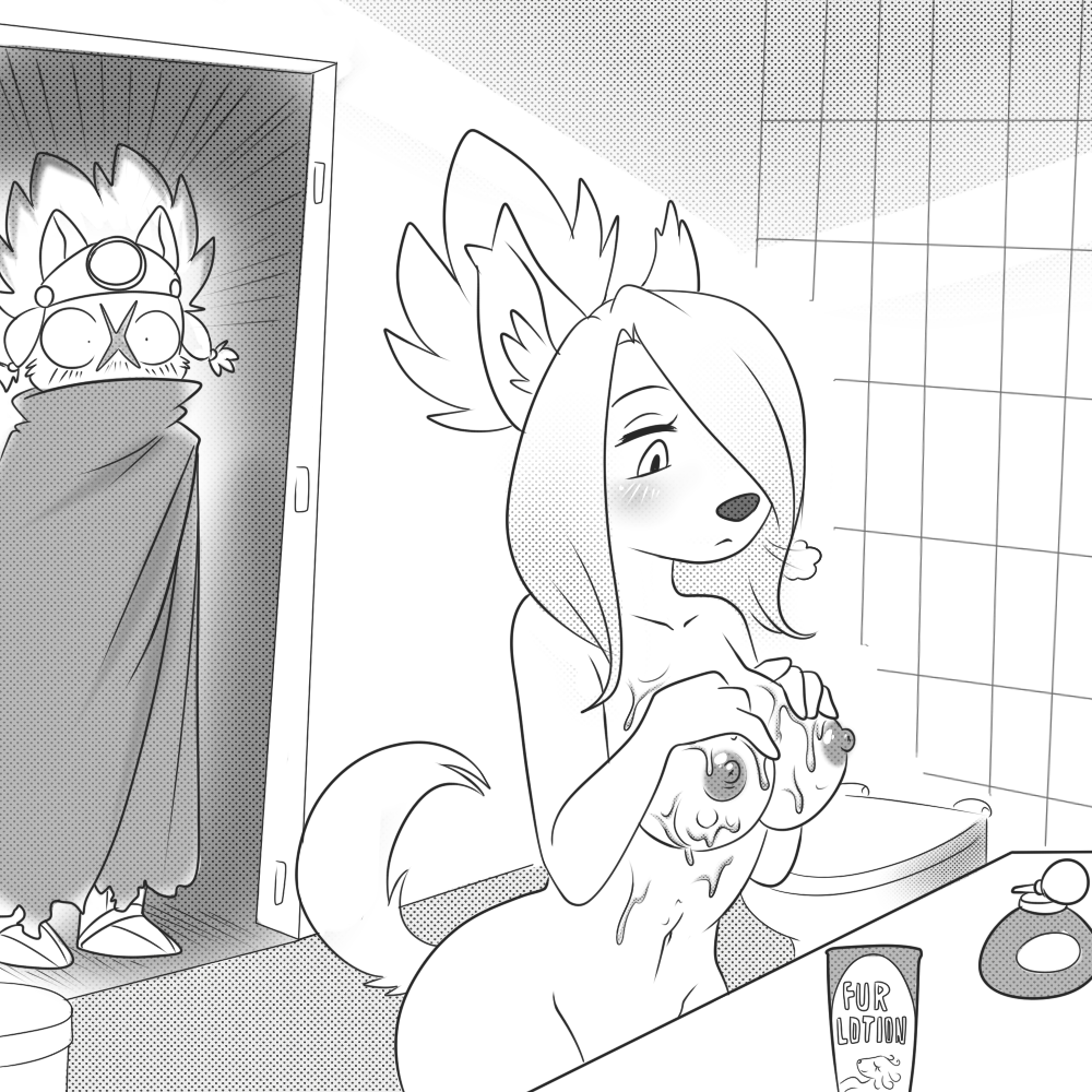 2014 anthro bathroom being_watched blush breasts canid canine canis cyberconnect2 domestic_dog duo female greyscale little_tail_bronx lonbluewolf looking_at_another lotion lotion_bottle male mammal merveille_million monochrome nipples nude perfume_bottle solatorobo surprised_expression toilet