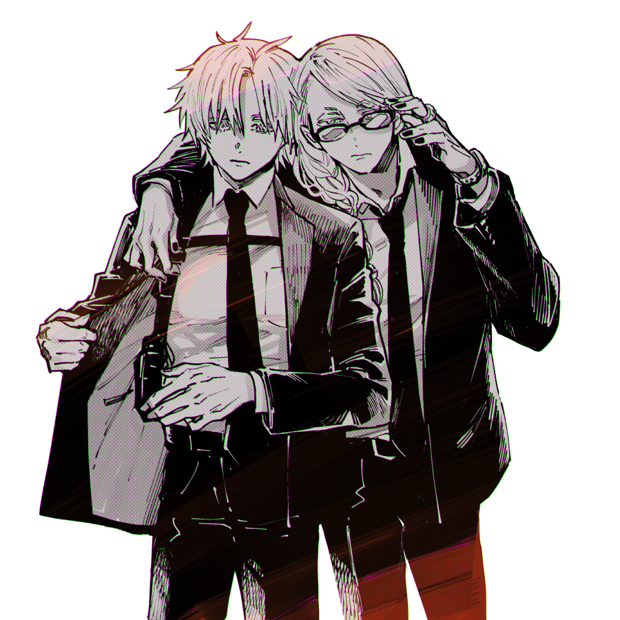 2boys black_nails black_necktie black_pants black_suit blonde_hair braid daybit_sem_void fate/grand_order fate_(series) formal french_braid gun hand_on_another's_shoulder holster jewelry long_hair looking_at_viewer looking_over_eyewear male_focus multiple_boys necktie nobicco open_clothes pants ring shirt short_hair side_braid simple_background strap suit sunglasses sunlight tezcatlipoca_(fate) watch weapon white_background white_shirt wristwatch