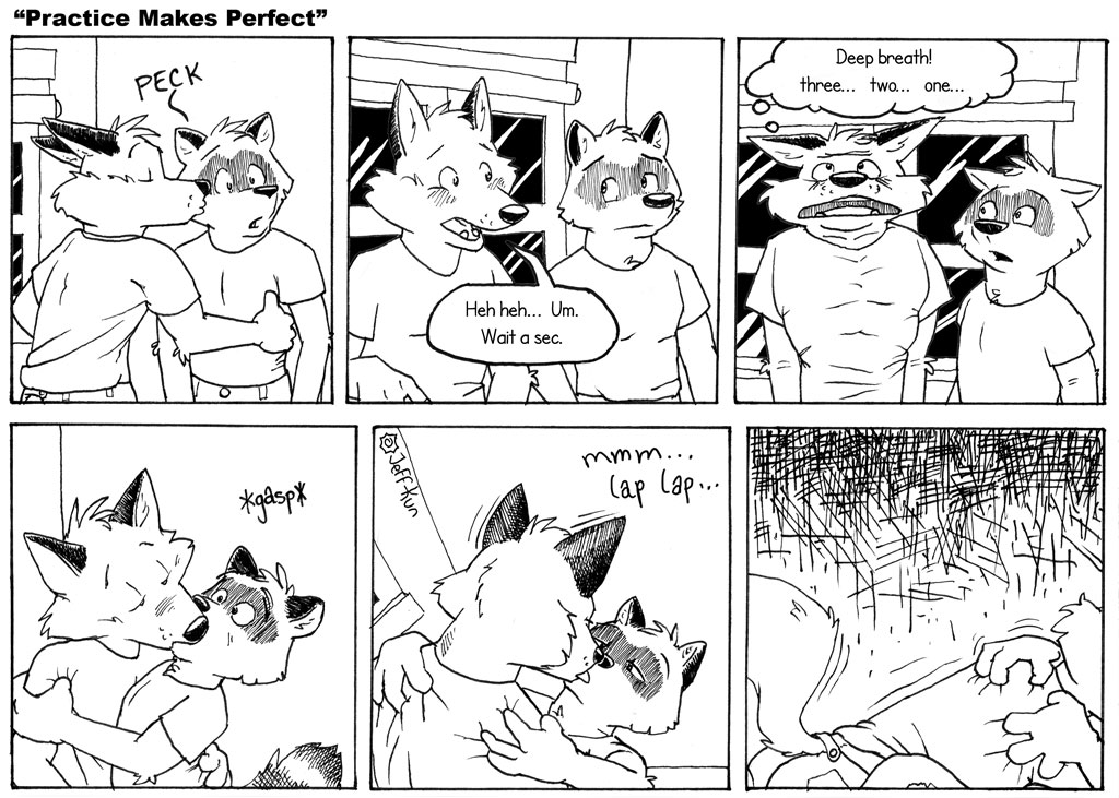 aiden_harris anthro blush breathing canid canine closet_coon colin_young comic dialogue duo english_text fox french_kissing fur gasp kissing leafdog making_out male male/male mammal monochrome procyonid raccoon text
