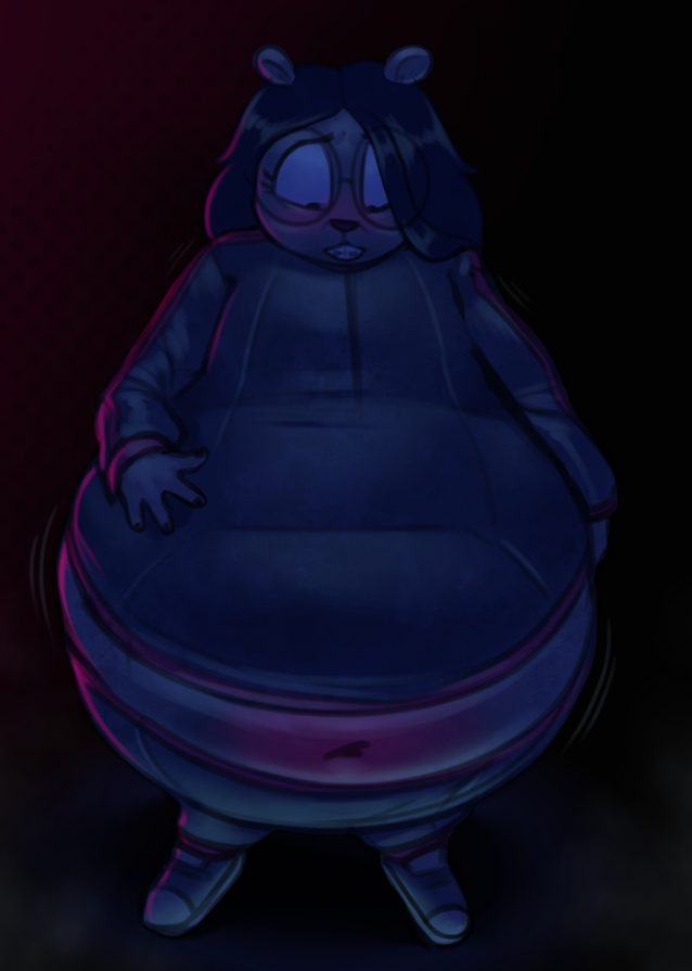anthro belly_inflation black_background blue_tracksuit blueberry_inflation blush bottom_heavy braces buckteeth charlie_and_the_chocolate_factory chipchell deer expansion eyewear female glasses hand_on_stomach hip_expansion inflation innie_navel lace_(chipchell) looking_down mammal midriff navel round_glasses simple_background solo teeth thigh_expansion