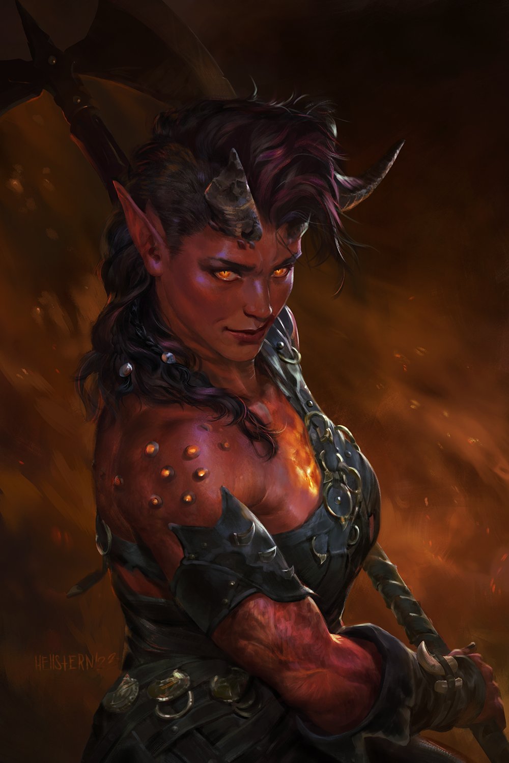 1girl arm_guards artist_name asymmetrical_hair axe baldur's_gate baldur's_gate_3 bare_shoulders black_hair broken_horn colored_skin commentary curled_horns demon_girl demon_horns dungeons_and_dragons english_commentary fiery_background fire from_above glowing glowing_eyes hair_ornament hellstern highres holding holding_axe horns karlach_(baldur's_gate) looking_at_viewer medium_hair multicolored_hair muscular muscular_female orange_eyes pointy_ears purple_hair realistic red_skin red_theme sidecut signature slit_pupils smirk solo streaked_hair tiefling undercut upper_body vambraces