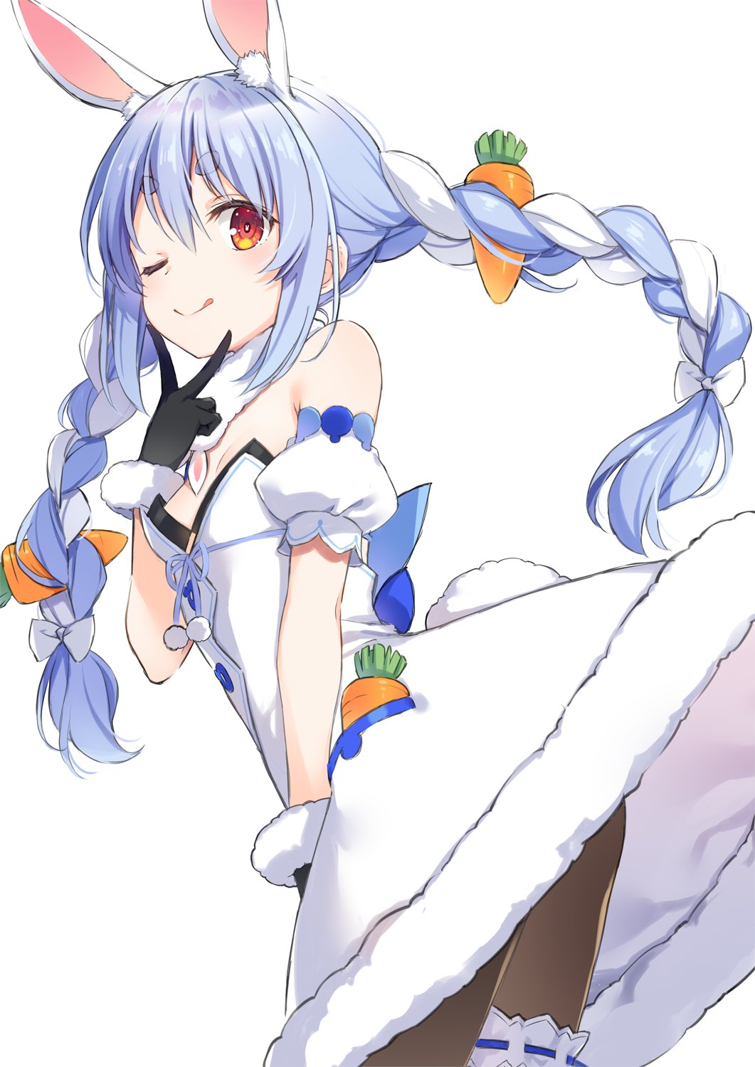 1girl animal_ear_fluff animal_ears blue_hair braid breasts carrot carrot_hair_ornament food-themed_hair_ornament fur-trimmed_gloves fur_scarf fur_trim gloves hair_ornament highres hololive long_hair looking_at_viewer multicolored_hair one_eye_closed pantyhose rabbit-shaped_pupils rabbit_ears rabbit_girl short_eyebrows simple_background smile solo symbol-shaped_pupils thick_eyebrows twin_braids twintails two-tone_hair usada_pekora usada_pekora_(1st_costume) virtual_youtuber white_background white_hair yuuki_hagure