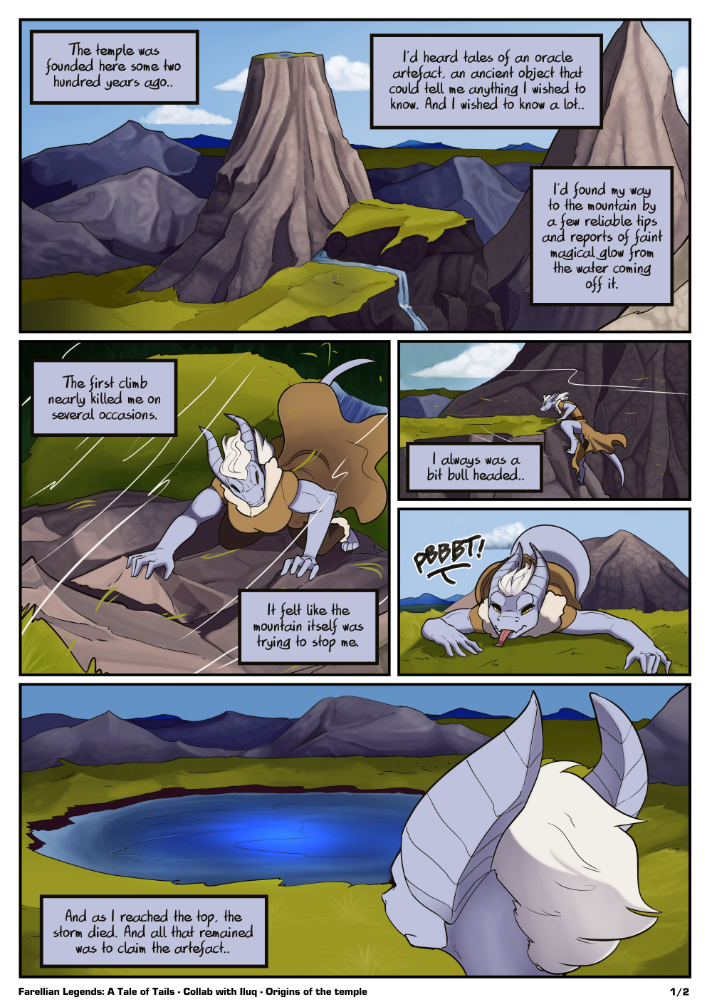 anthro climbing clothed clothing cloud comic digital_media_(artwork) draako english_text exhausted female feretta grass hair hi_res horn iluq mis'alia mountain plant solo tail text water white_hair