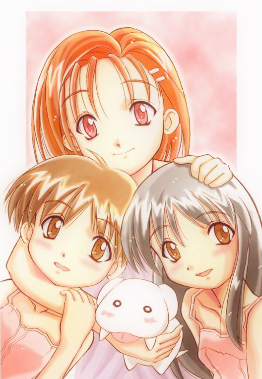 3girls :3 age_difference animal arm_around_neck bad_id bare_shoulders black_hair blush bob_cut breasts brown_eyes brown_hair camisole close-up closed_mouth cover cover_page dog dress group_hug hair_ornament hair_over_shoulder hair_strand hairclip hand_on_another's_head height_difference holding holding_animal holding_dog hug hug_from_behind kareshi_kanojo_no_jijou kondou_tatsuya long_hair looking_at_viewer miyazawa_kano miyazawa_tsukino miyazawa_yukino multiple_girls outside_border parted_lips pero_pero pink_background pink_camisole portrait red_eyes red_hair short_hair siblings sisters sleeveless small_breasts smile textless_version third-party_edit tongue tongue_out very_short_hair white_dog white_dress