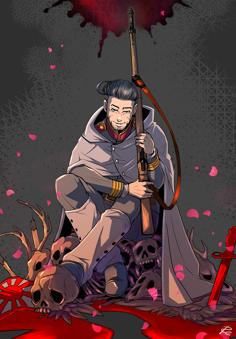 1boy beard black_eyes black_hair blood cape deer_skull facial_hair golden_kamuy grey_background gun holding holding_gun holding_weapon looking_at_viewer male_focus ogata_hyakunosuke pile_of_skulls planted reiziru scar scar_on_cheek scar_on_face sitting solo weapon