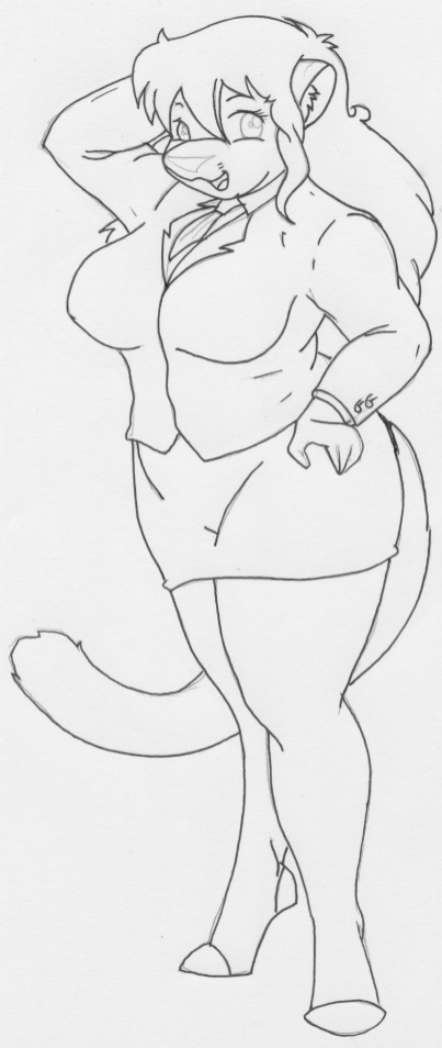 2009 anthro bottomwear breast_expansion breasts businesswear clothed clothing danellz expansion felid female hair hand_behind_head hand_on_hip kathy_(danellz) legwear lion mammal necktie office_clothing open_mouth pantherine sketch skirt slightly_chubby solo stockings thick_thighs traditional_media_(artwork) weight_gain