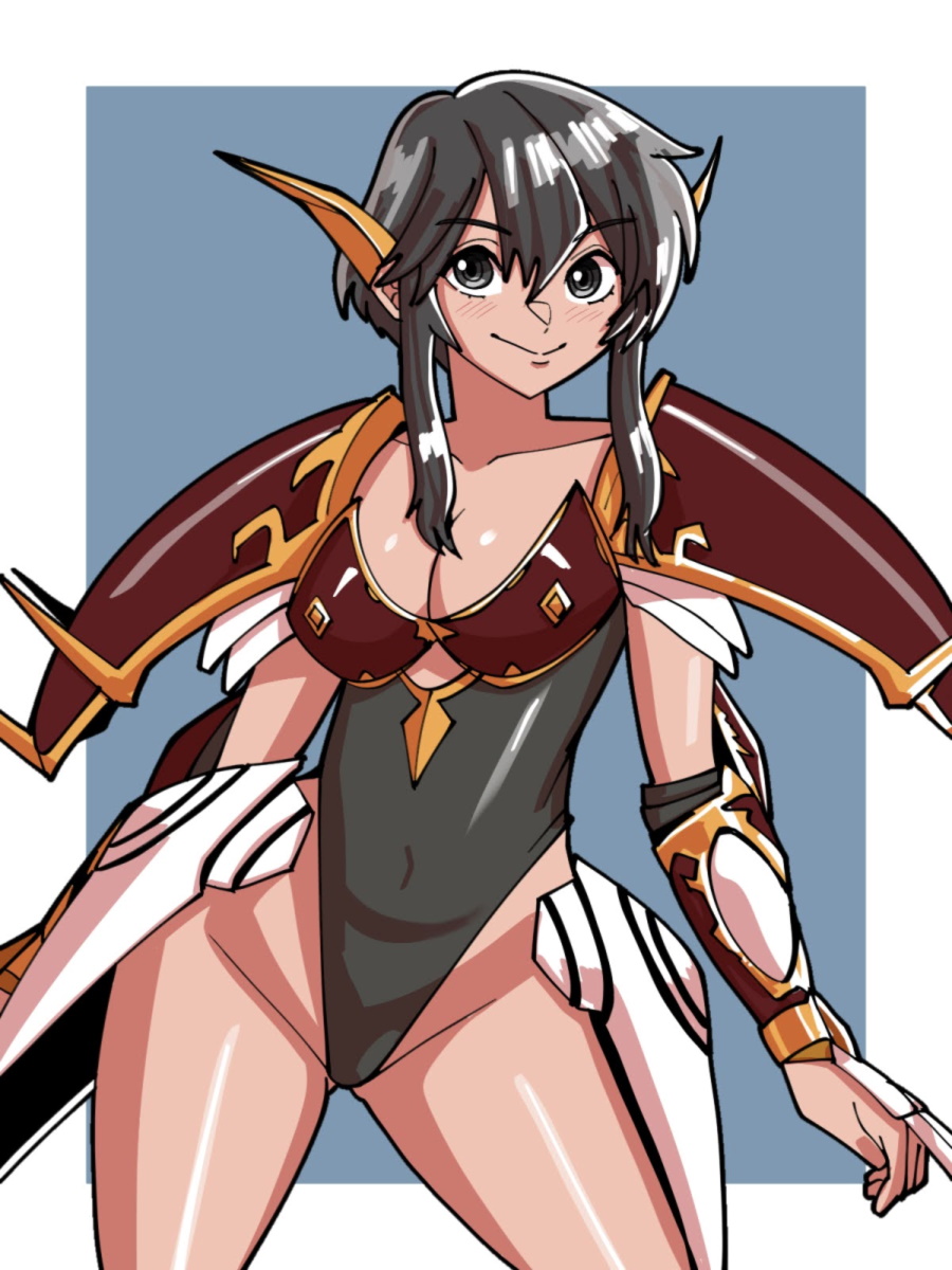 1girl arm_guards armor ass_visible_through_thighs bangs black_eyes black_hair black_leotard breasts claw_(weapon) cleavage closed_mouth collarbone covered_navel cowboy_shot english_commentary faulds fire_emblem fire_emblem:_genealogy_of_the_holy_war groin hair_between_eyes highleg highleg_leotard highres langrisser langrisser_ii larcei_(fire_emblem) legs_apart leotard long_hair medium_breasts mnejing30 pauldrons red_armor ringed_eyes sherry_(langrisser) short_hair_with_long_locks shoulder_armor smile solo split_mouth standing weapon