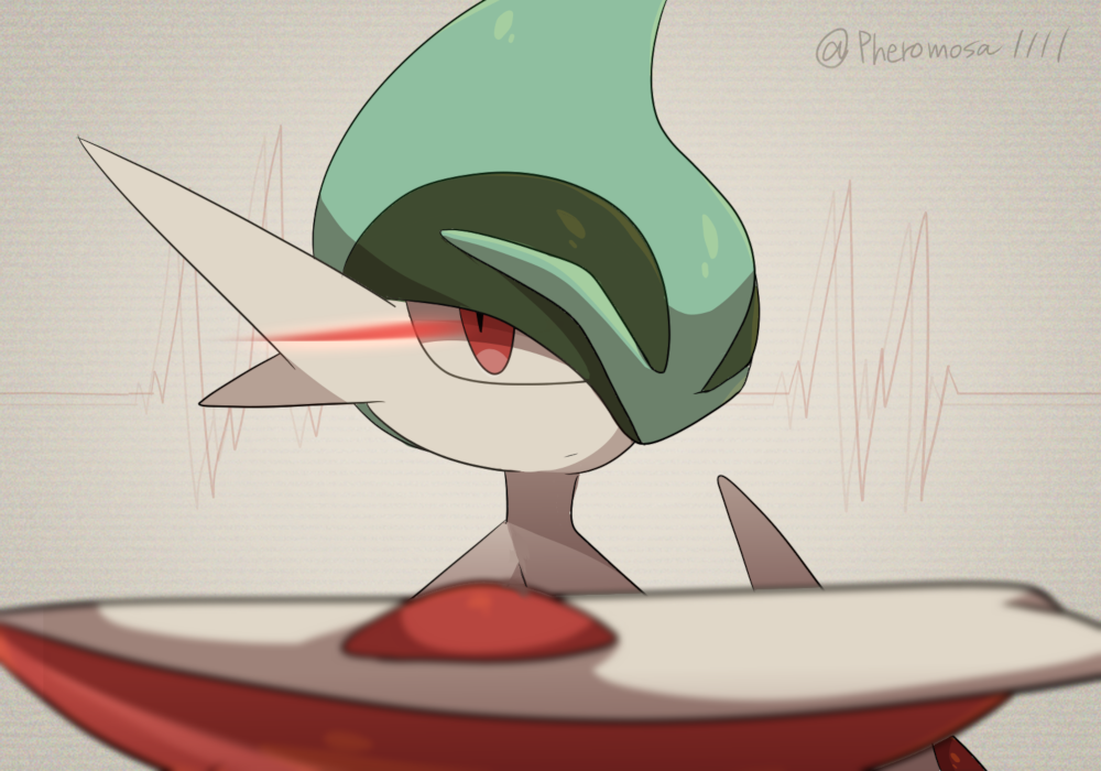 1boy a-nya aqua_hair arm_blade arm_up artist_name blurry blurry_foreground cardiogram closed_mouth commentary_request expressionless eye_trail gallade green_hair grey_background hair_over_one_eye light_trail looking_at_viewer male_focus mega_gallade mega_pokemon mohawk multicolored_hair one_eye_covered pokemon pokemon_(creature) red_eyes short_hair signature solo twitter_username two-tone_hair upper_body weapon