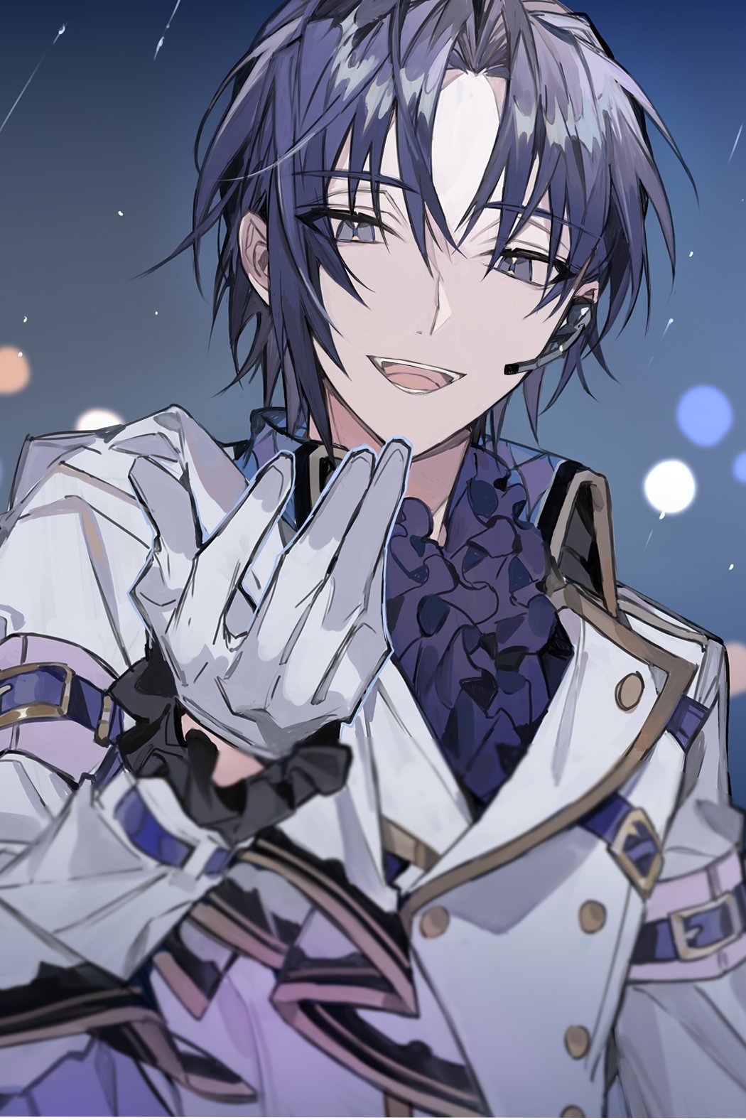 1boy blue_background gloves grey_background headset highres idolish7 izumi_iori jacket looking_at_viewer male_focus outstretched_hand purple_eyes purple_hair purple_shirt shirt short_hair smile solo tamotui7 teeth white_gloves white_jacket