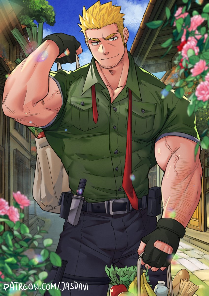 1boy arm_hair artist_name bag bara belt biceps blonde_hair cloud collared_shirt facial_hair flower food gloves highres holding holding_bag house jasdavi looking_at_viewer male_focus manly mature_male muscular muscular_male original outdoors pants pectorals plant road shirt shopping_bag signature sky smirk solo spiked_hair street stubble thick_arms thick_eyebrows