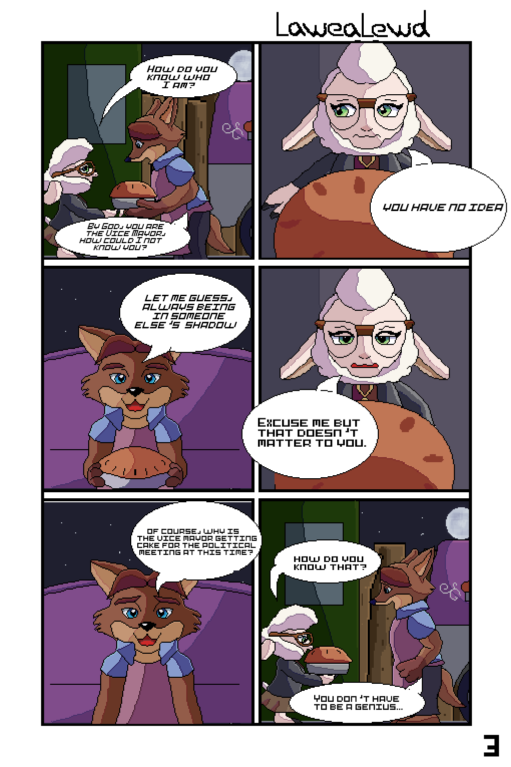 anthro blue_eyes brown_body brown_fur cake clothed clothing comic dawn_bellwether dessert dialogue digital_media_(artwork) disney duo female food fur gideon_grey green_eyes hi_res lawealewd male male/female pixel_(artwork) speech_bubble text wool_(fur) zootopia