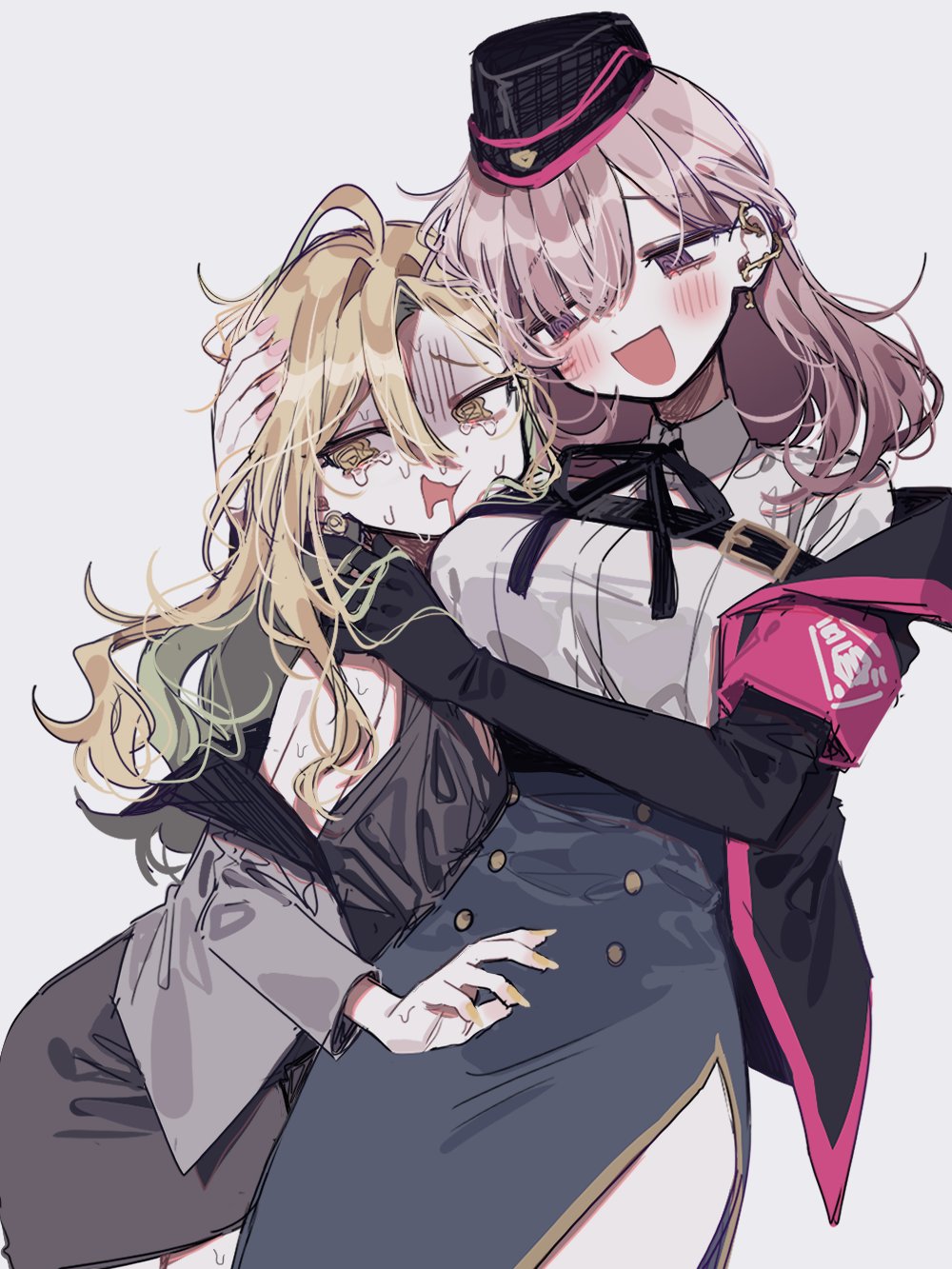 2girls :d ahoge black_gloves black_headwear black_jacket black_ribbon blonde_hair blue_skirt blush breasts character_request dbffnj9yodnccnd dress garrison_cap genderswap genderswap_(mtf) gloves grey_dress hat highres hypnosis_mic izanami_hifumi jacket large_breasts looking_to_the_side multiple_girls neck_ribbon pink_eyes pink_hair ribbon shirt skirt smile sweat tears white_jacket white_shirt yellow_eyes