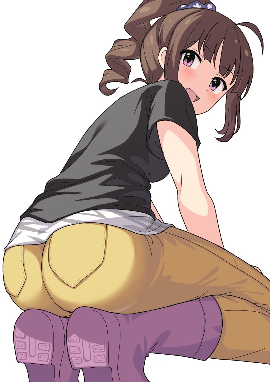 1girl ass boots brown_hair from_behind highres idolmaster looking_at_viewer perapera pink_eyes pink_footwear solo