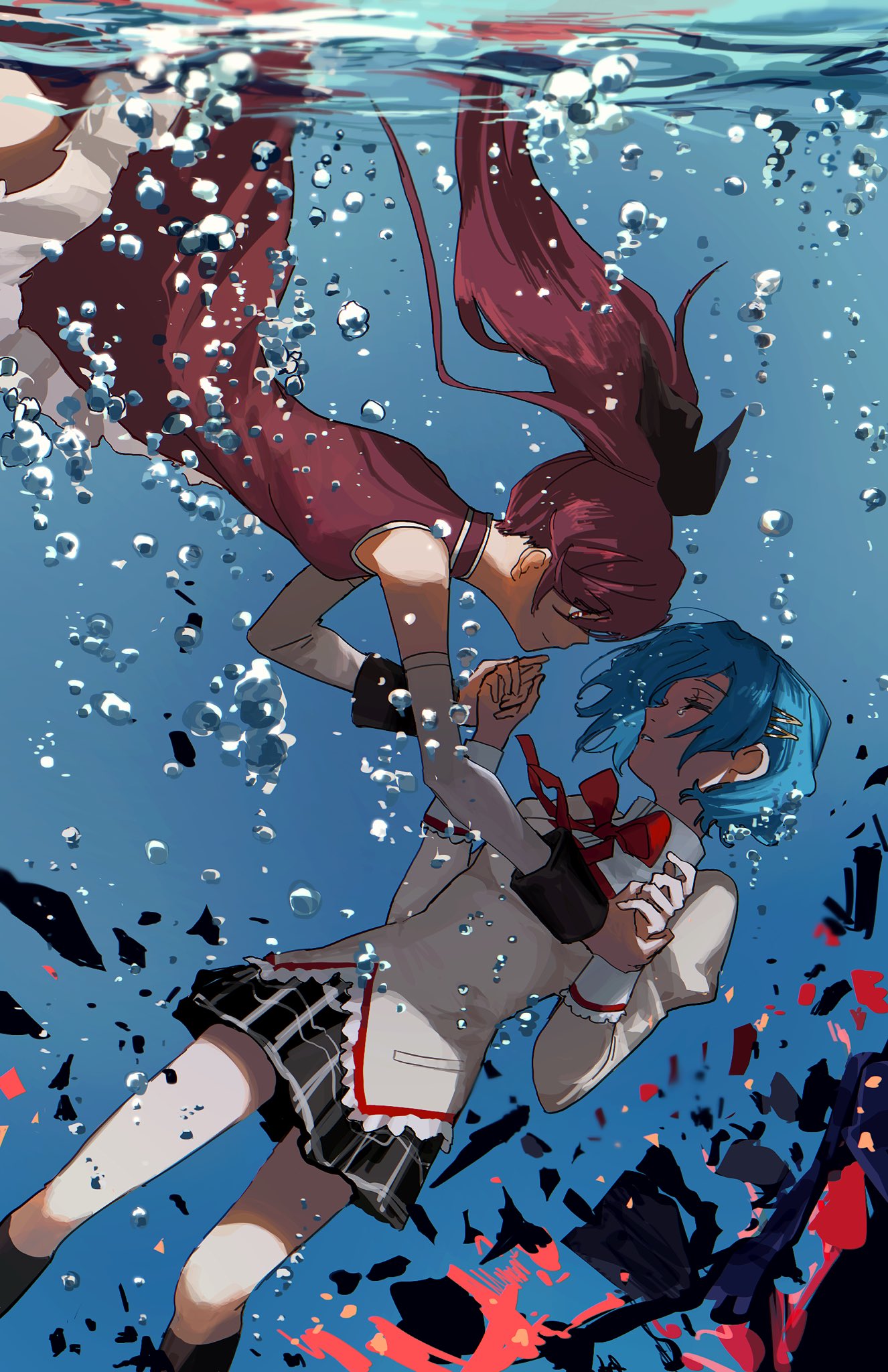 2girls air_bubble black_bow black_skirt black_socks blue_hair bow bowtie bubble choroi_amachori closed_eyes crying debris detached_sleeves dress from_side hair_ornament hairclip hand_grab hands_up high_collar highres juliet_sleeves long_hair long_sleeves looking_at_another mahou_shoujo_madoka_magica mahou_shoujo_madoka_magica_(anime) miki_sayaka mitakihara_school_uniform multiple_girls parted_lips plaid plaid_skirt pleated_skirt ponytail profile puffy_sleeves red_bow red_bowtie red_dress red_eyes red_hair sakura_kyouko school_uniform shirt short_hair sinking skirt sleeve_cuffs sleeveless sleeveless_dress smile socks tears unconscious underwater white_sleeves yellow_shirt