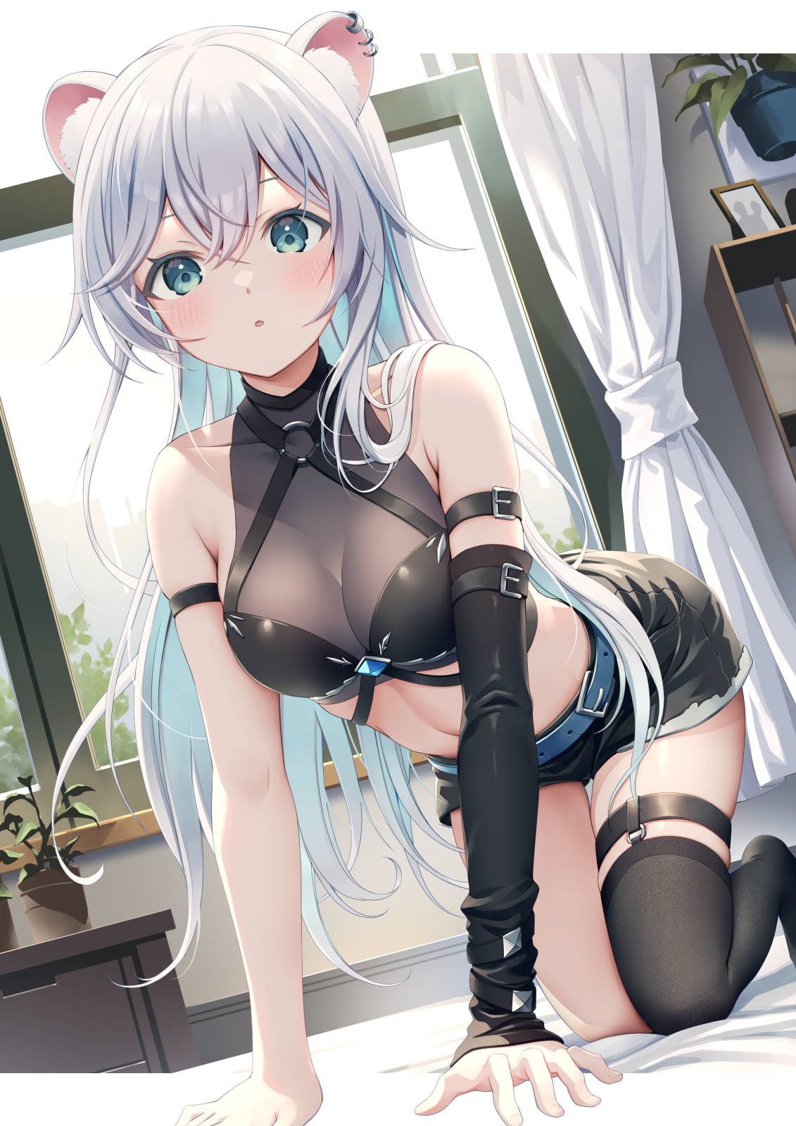 1girl all_fours animal_ears aone_ioru arm_strap bare_shoulders belt black_shirt black_shorts black_thighhighs blue_eyes breasts cat_ears cleavage colored_inner_hair criss-cross_halter crop_top detached_sleeves ear_piercing halterneck highres indie_virtual_youtuber long_hair long_sleeves looking_at_viewer medium_breasts midriff multicolored_hair navel parted_lips piercing revealing_clothes see-through_cleavage shirt short_shorts shorts single_detached_sleeve single_thighhigh skindentation sleeveless sleeveless_shirt solo stomach thigh_strap thighhighs thighs virtual_youtuber white_hair yoshino_ryou