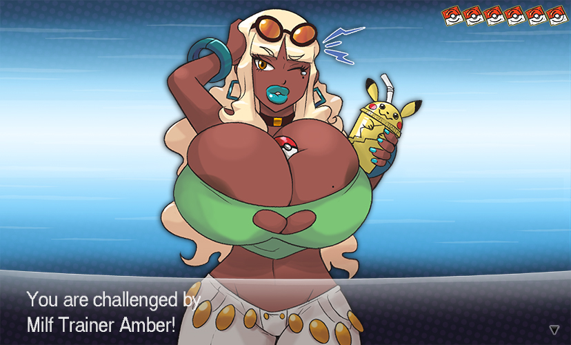 1girl amber_(carmessi) areola_slip breasts carmessi character_name cleavage_cutout clothing_cutout curvy dark-skinned_female dark_skin earrings english_text eyewear_on_head fake_screenshot fingernails heart_cutout hoop_earrings huge_breasts jewelry lipstick long_hair looking_at_viewer lowleg lowleg_pants makeup mature_female navel no_bra one_eye_closed orange_eyes pants parted_lips pikachu plump poke_ball poke_ball_(basic) pokemon pokemon_(game) pokemon_xy revealing_clothes shiny_skin simple_background smile solo source_request standing thick_thighs thighs very_dark_skin very_long_hair wide_hips