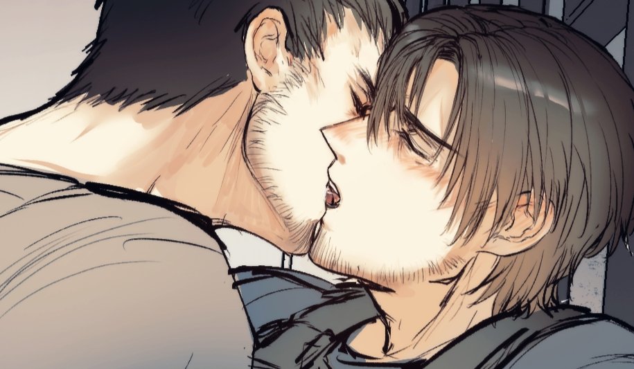 05_(link83601636) 2boys bara beard_stubble chris_redfield close-up closed_eyes couple facial_hair french_kiss kiss leon_s._kennedy male_focus mature_male multiple_boys resident_evil resident_evil_6 short_hair stubble thick_eyebrows unfinished yaoi