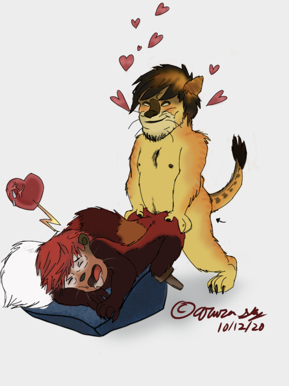 &lt;3 ailurid anthro bear bodily_fluids body_hair canid canine chibi demon_furray domestic_cat drooling duo electricity felid feline felis fox hearts_around_text hi_res hybrid indian_lion invalid_tag lightning lion male male/male mammal pantherine pegleg red_panda saliva slightly_chubby slim smile